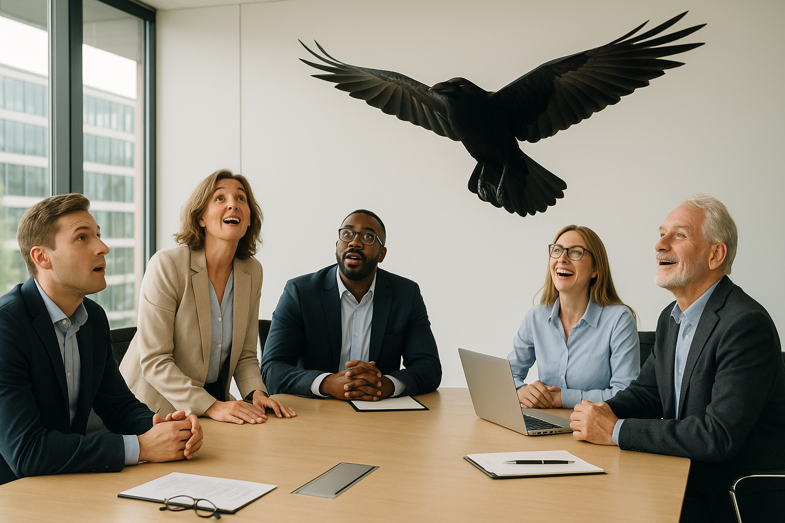 Professional boardroom meeting with diverse team looking up at raven symbol representing strategic vision and growth